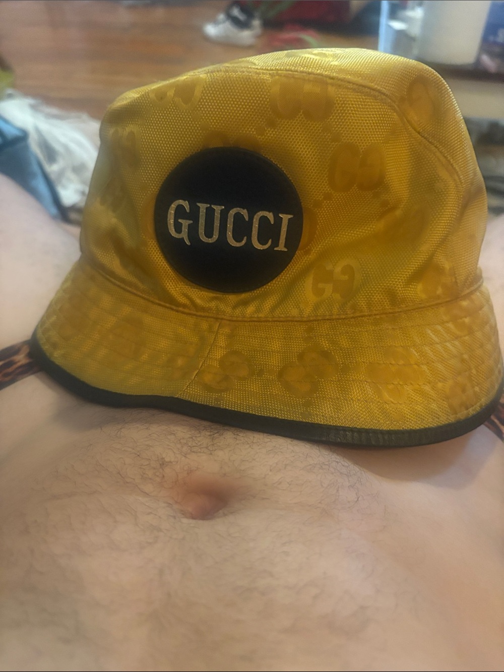 GUCCI Yellow Logo Bucket Hat with Black Patch